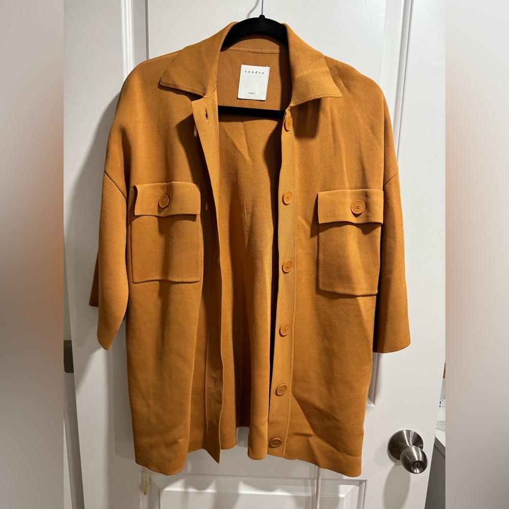 Sandro Martine Belted Over-Shirt Style Cardigan In Ochre - Picture 9 of 14